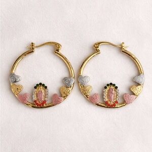 14K Gold Virgin Mary Hoop Earrings with Pink & Multicolor Heart Accents
